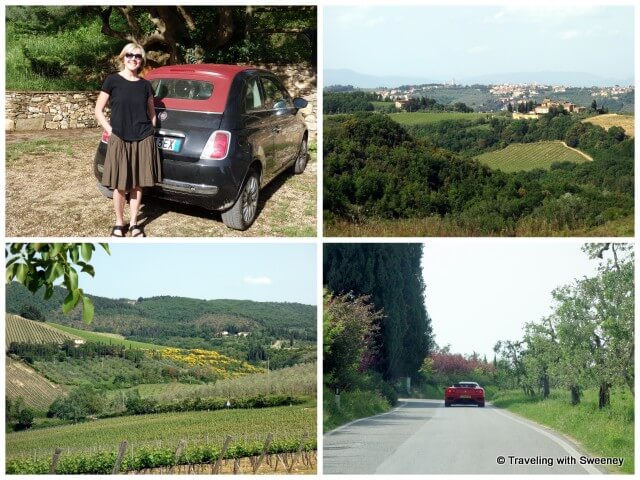 Our rental car, some of the beautiful scenery, and a not uncommon Ferrari