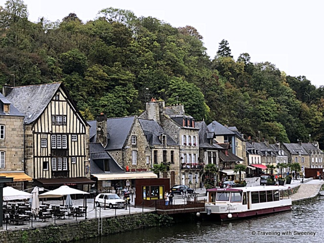 Restaurants and shops along the quay in Dinan, France