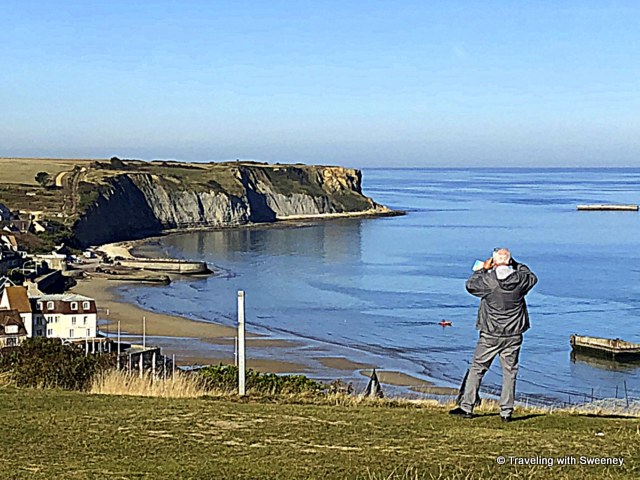 Mr. TWS on the clifftop overlooking the village of Arromanches and the English Channel