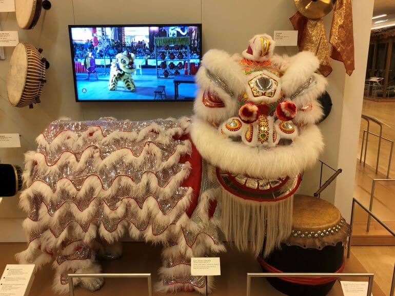 Chinese lion dance costume and instruments at MIM (Musical Instrument Museum) in Phoenix, Arizona