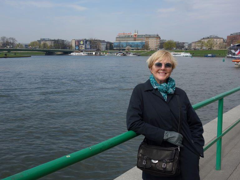 Catherine Sweeney wearing newly-purchased leather gloves in Krakow, Poland where the weather was colder than expected