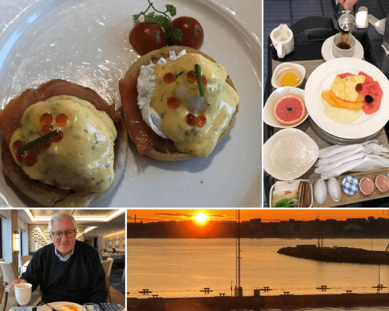 Sunrise room service and breakfast in the restaurant on the Viking Jupiter during a cruise on the Baltic Sea