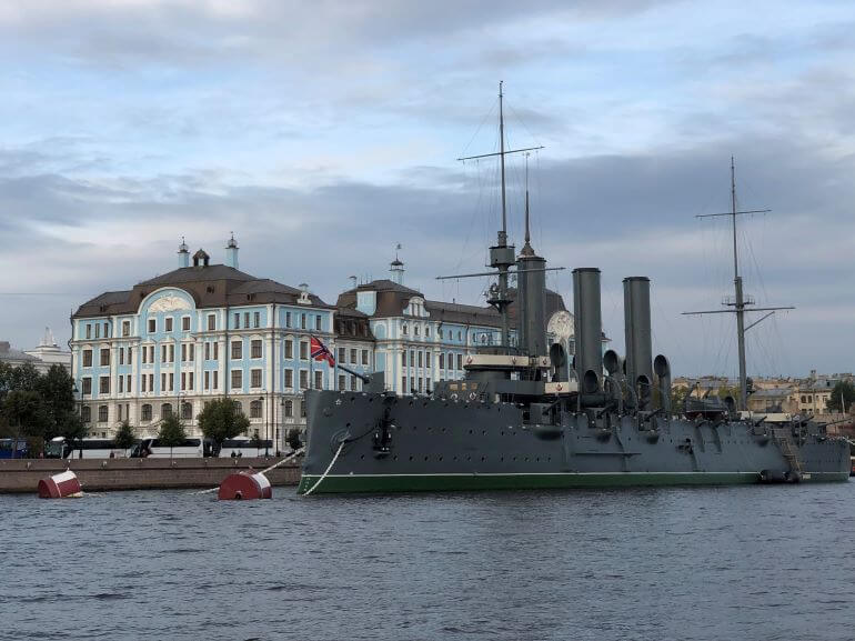 The Cruiser Aurora on the Neva River in St. Petersburg, Russia