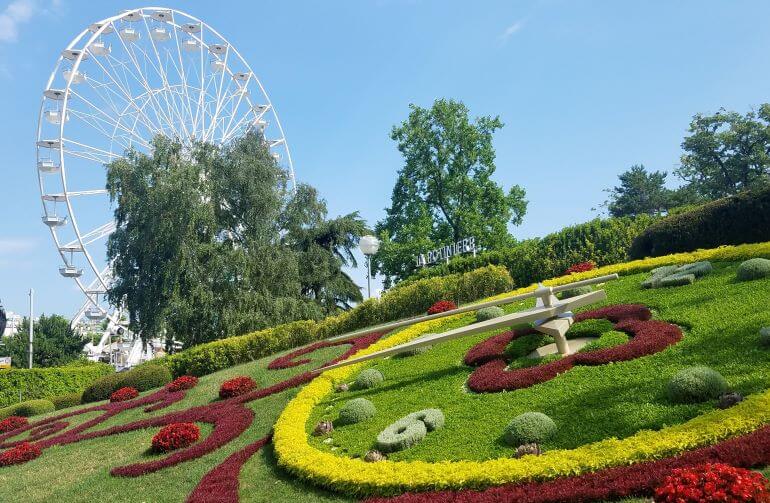 Working Flower Clock and summer Ferris wheel in Geneva, Switzerland-- Photo credit: Deborah Grossman