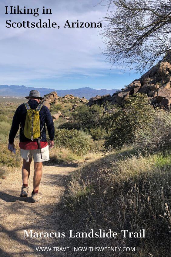 Pinterest image of hiker on Marcus Landslide Trail at Tom's Thumb in Scottsdale, Arizona