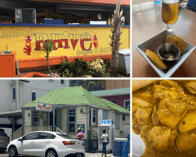 B-Hive sports bar and Wadadli beer and seafood appetizer; and Roti King and chicken curry -- St. John's, Antigua and Barbuda