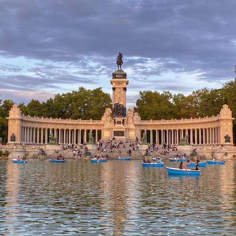 The monument and lake at Retiro Park in Madrid, Spain