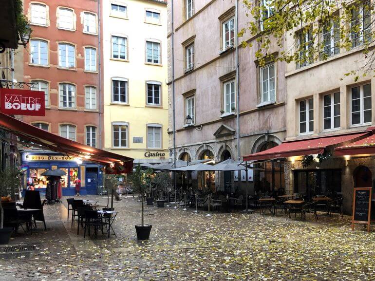 Restaurants on a small square in Vieux Lyon, France