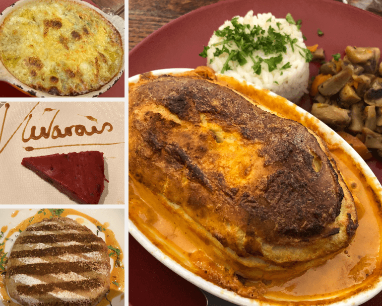 From top left: Ravioli Dauphiné au gratin, Quenelle with pike in lobster sauce, chicken pastilla with Moroccan spices, praline tart at restaurants in Lyon, France 