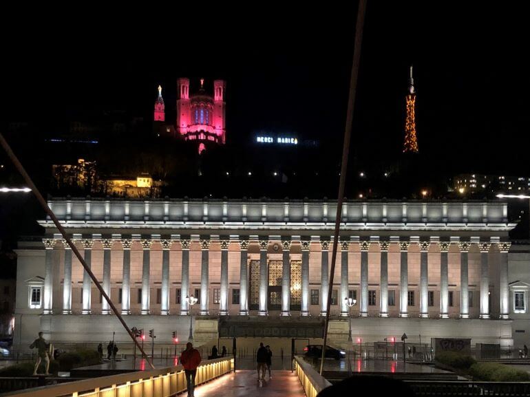 The lights of Lyon -- basilica and tower on Fourviere Hill and the Palais de justice historique on Quai Romain Rolland,