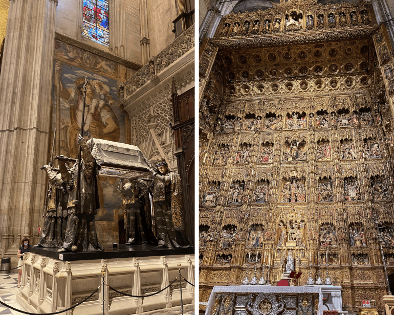 High Altar (Altar Mayor) and tomb of Christopher Columbus in Seville Cathedral in Seville, Spain 