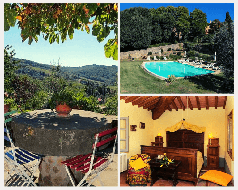 Tuscany villa view, pool and guest bedroom -- perfect place for an art retreat with Cindy and Abby of Bohemia -- Il Villino & le Scuderie