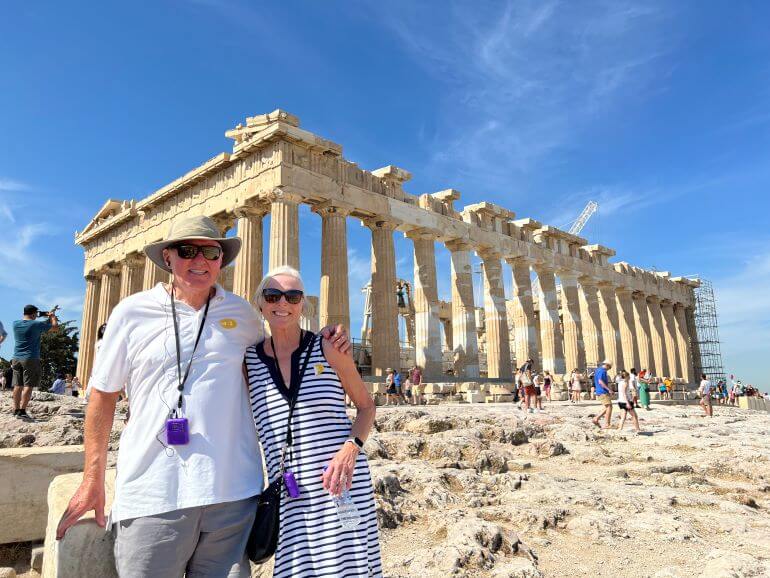 The Traveling with Sweeney duo on a tour of the Acropolis in Athens, Greece