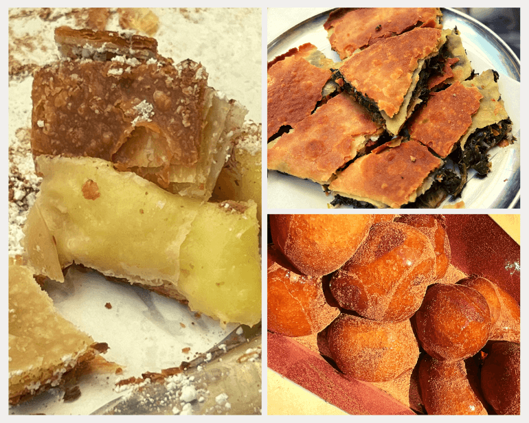 Tasty treats on an Athens, Greece food tour -- bougatsa (sweet cream pie), spanakopita (spinach pie), loukoumades (honey donuts)
