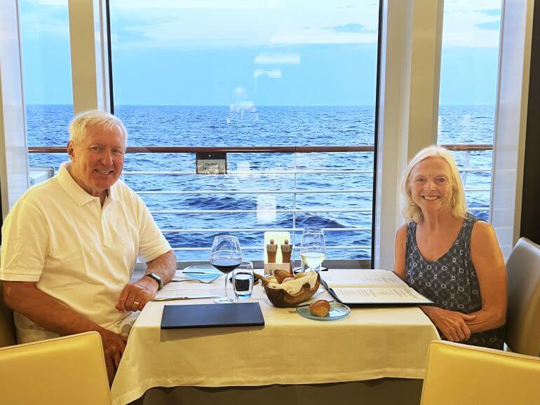 Catherine Sweeney and Mr. TWS in the Restaurant aboard the Viking Sea on a Mediterranean cruise