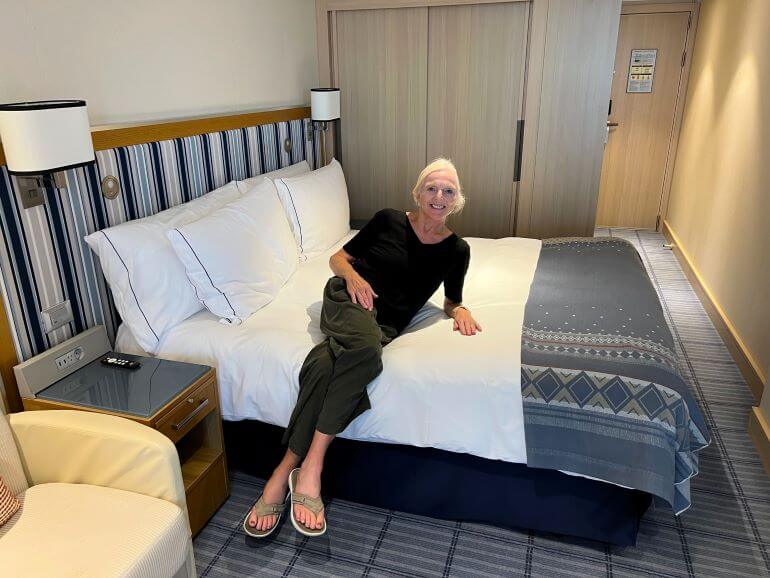 Catherine Sweeney in Viking Sea stateroom on a Mediterranean cruise