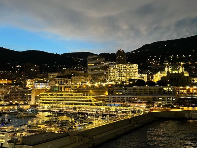 View of Monte Carlo at night from the port aboard the Viking Sea on a Mediterranean Odyssey cruise