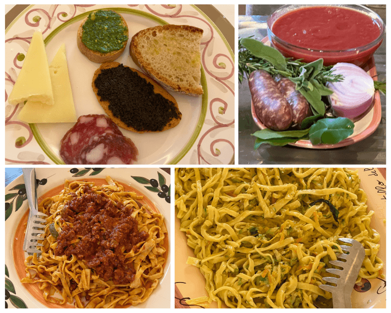 Sauce ingredients, antipasti, and pasta dishes served at lunch at Castello del Trebbioio in Tuscany 