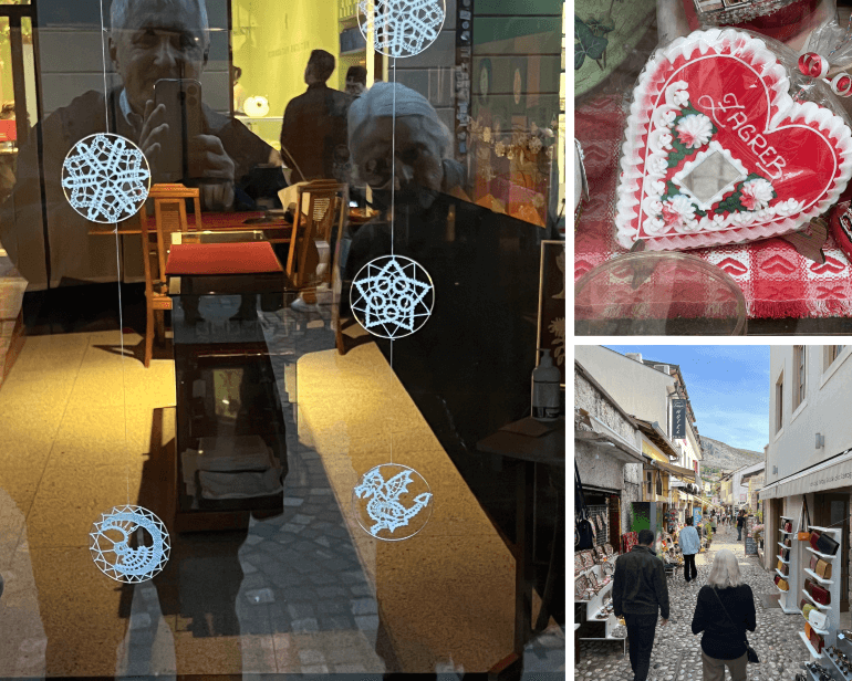 Shopping on free time on Collette Balkans tour: lace ornaments in Ljubljana, signature heart souvenir in Zagreb, shopping area of Mostar