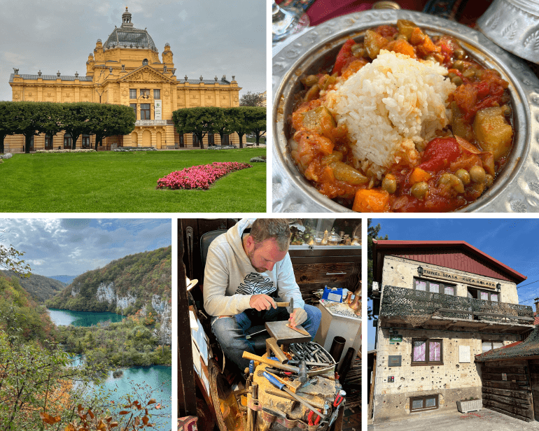 Architecture of Zagreb, traditional Bosnian rice dish, Plitvice Lakes, coppersmith at work, Tunnel of Hope Museum