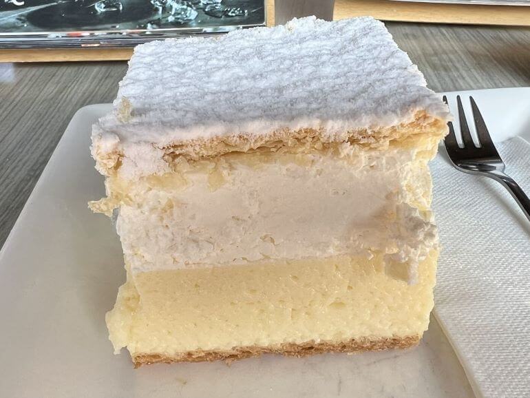 Kremsnita cream cake at a restaurant in Lake Bled, Slovenia