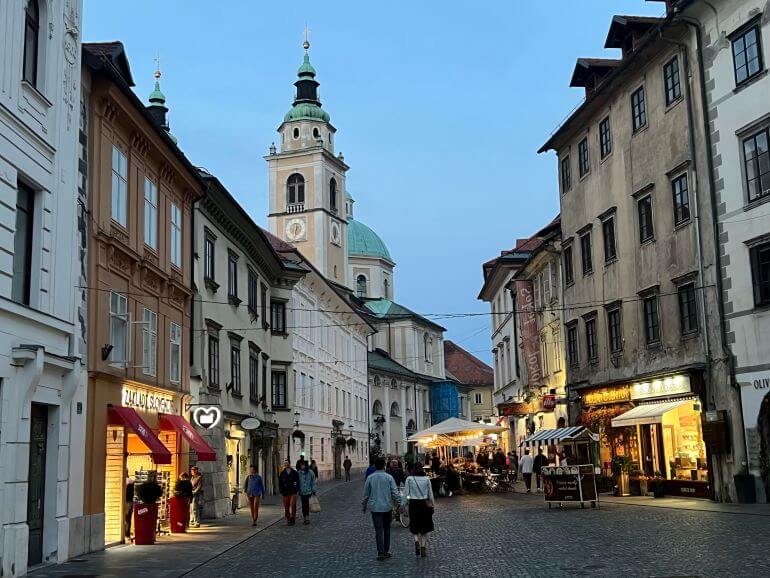 Shops and restaurants on Ciril-Metodov trg near town hall, Ljubljana, Slovenia