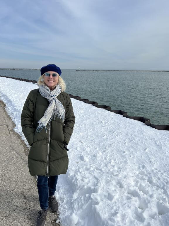 Catherine Sweeney walking along Lake Michigan in Milwaukee, Wisconsin during winter