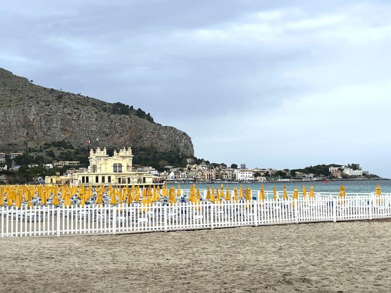 Mondello Beach with Antico Stabilimento Balneare di Mondello in the background, Sicily, Italy