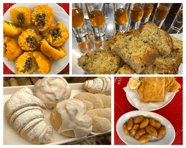Arancini, Sicilian pizza, pastries, and fried snacks with chickpeas (panelle) and potatoes