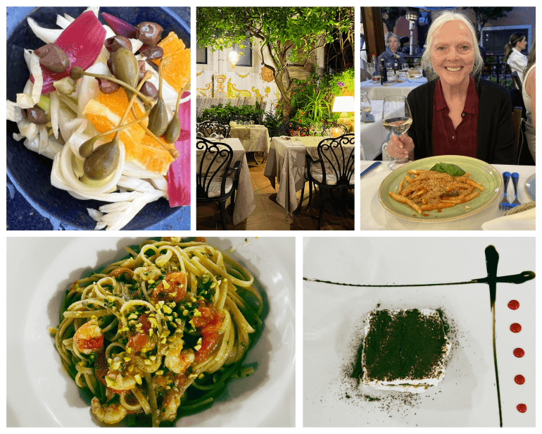 Salad at Osteria Villa Zuccaro; courtyard dining at Casa Niclodi; Sweeney eating Pasta alla Norma at Mavasia; Tiramisu at Malvasia Pasta dish at Case Niclodi in Taormina, Sicily, Italy