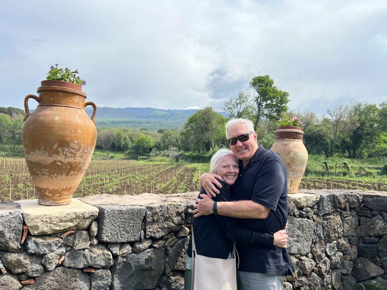 Catherine Sweeney and her husband at Gambino Winery in Sicily