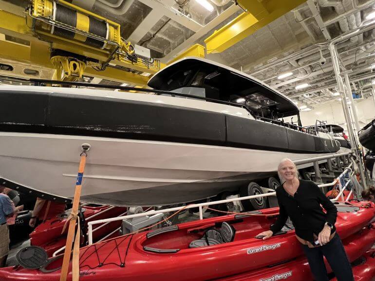Special Operations Boat and kayaks in the hangar on the Viking Octantis
