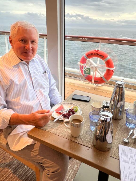 Mr. TWS having breakfast in the World Cafe on the Viking Octantis Expedition ship