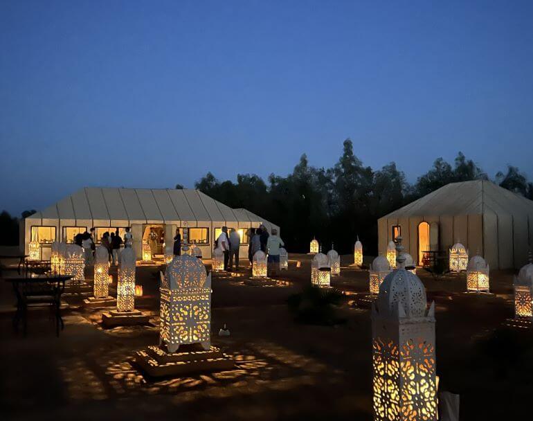 Luxury camp in the Sahara Desert at night. Morocco