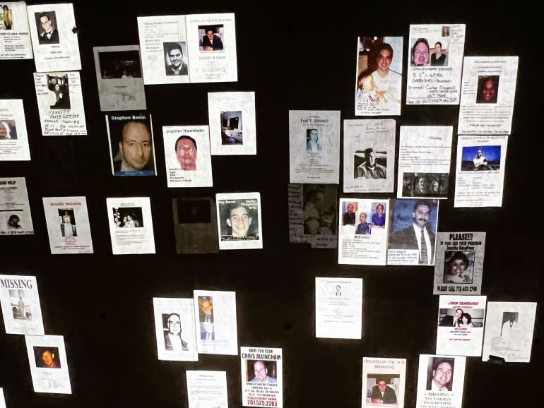A display of handmade missing persons posters that were posted throughout NYC after 9/11 as people searched for their friends and family