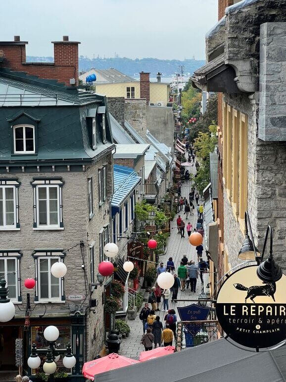 Looking down from top of steps in old town Quebec City, Quebec