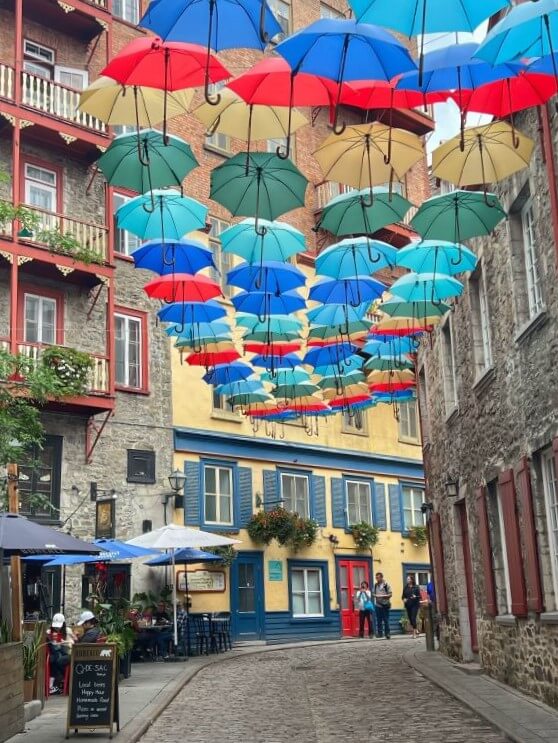 Colorful umbrellas above the street in Quebec City, Quebec