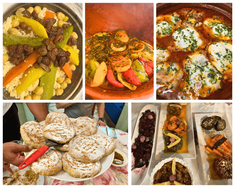 Traditional Moroccan dishes -- couscous, vegetable tajine, shakshuka, moroccan salads, pastilla