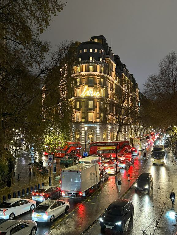 Corinthia Hotel in London, England on a rainy December night