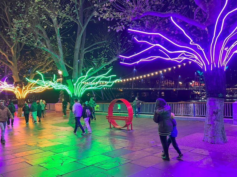 Loomin, neon canopy by artist David Ogle on the Queen's Walk at Southbank Centre, London