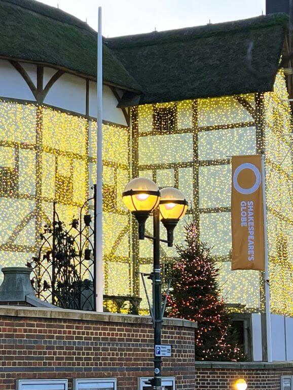 Shakespeare's Globe decorated for the holidays, London, England