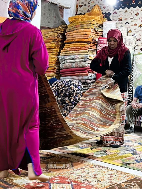 Hand-crafted rugs at a women's cooperative in Ben Ait-Haddou