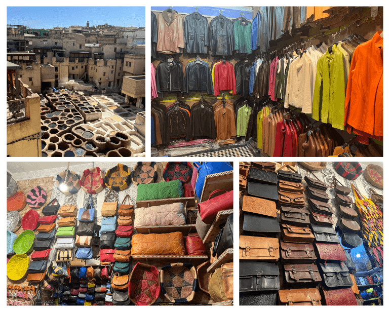 Dye vats and leather goods in Fes, Morocco -- coats, bags, accessories