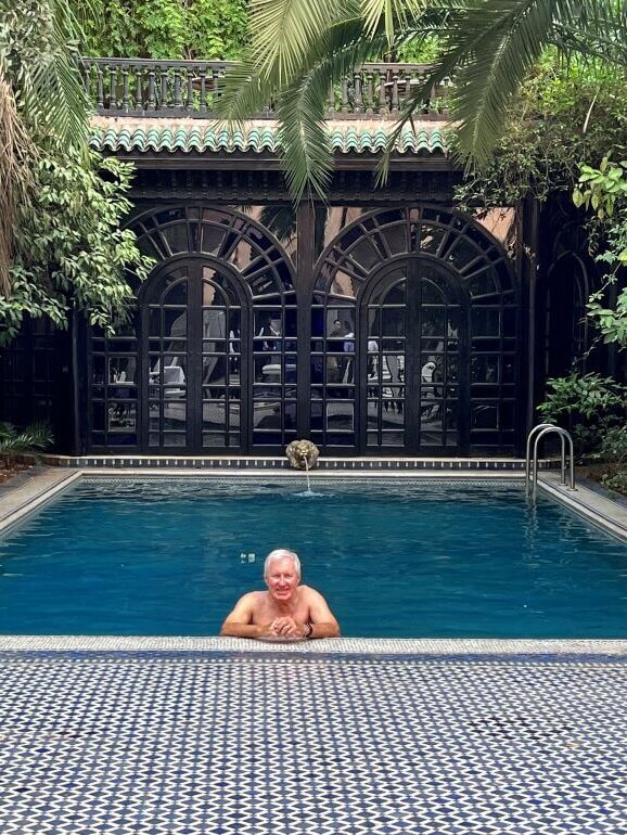 Traveling with Sweeney in a pool in the courtyard to a riad in Fez, Morocco