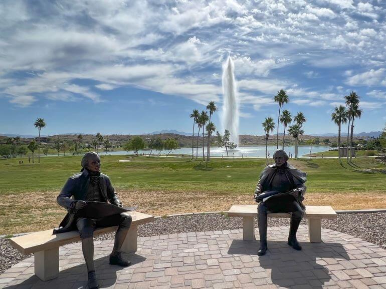 Jefferson and Washington sculptures at Fountain Park in Fountain Hills, Arizona