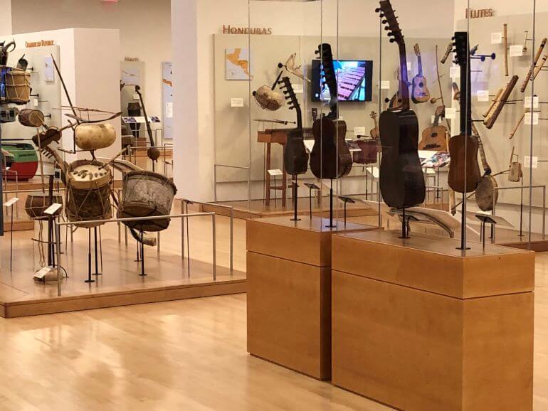 Musical instruments on display in one of the geographic galleries of the Musical Instrument Museum (MIM) in Phoenix, Arizona