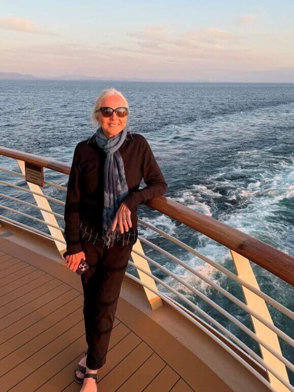 Catherine Sweeney on a walk on the promenade deck of the Viking Jupiter on a British Isles Explorer cruise