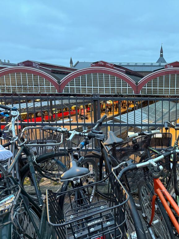 Bikes parked on an overpass near Central Station in Copenhagen, Denmark