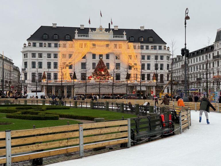 Ice rink at Kongens Nytorv with Hotel D'Angleterre in the background