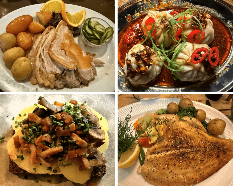 Sampler of dishes at Copenhagen, Denmark restaurants: roast duck at Restaurant Karla, pork and shrimp dumplings at Union Kitchen, plaice at Restaurant 1733, and potato smørrebrød at Bistro Verde